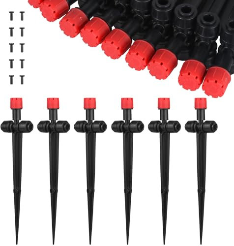 25 Stück 360 Grad Einstellbare Bewässerung Sprinkler, 8-Loch Garten Bewässerung Tropfer mit Pfahl & Micro Drip Rohrhalter for 1/4zoll Schlauch, Bewässerungssets für Gewächshaus, Topfpflanzen, Rot