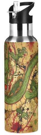 Wzzzsun Anime Dragons Japonais Isotherme Bouteille d'eau avec Paille, Gourde Sport en Acier Inoxydable 600ML Gourdes sans BPA pour Enfant Garçon Fille École Bureau
