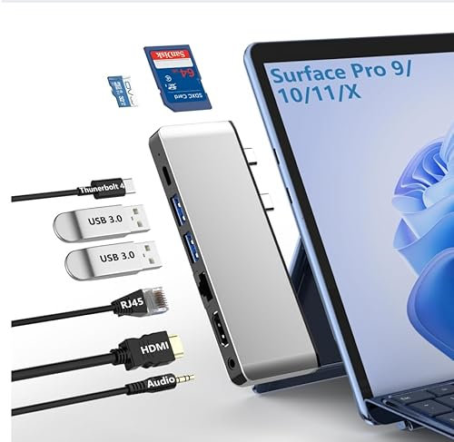 Surface Pro 11 10 9 Docking Station mit 4K HDMI, Thunderbolt 4(8K Video+40 Gbps+100W Leistung),100M RJ45, 2 USB 3.0, SD TF-Kartensteckplatz, 3,5mm Audio, Surface Pro 11/10/9/X Zubehör