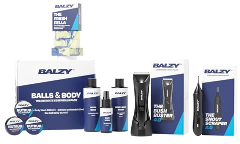 BALZY Perfect Package 4.0 Komplettes Grooming Pack für Männer, Körperhaarschneider für Herren, Nasen-Trimmer & Ohrtrimmer, Duschgel 250 ml, Seife für Gesäß & Bälle 150 ml, Spray für Intimteile