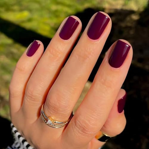 Boloshine 24 Pcs French False Nails - Short Square Press-on Nails With Gel Stickers & Removable Acrylic Stick-on Nails - Natural Glue-on Nails For Women & Girls Nail Art in Rosy Red