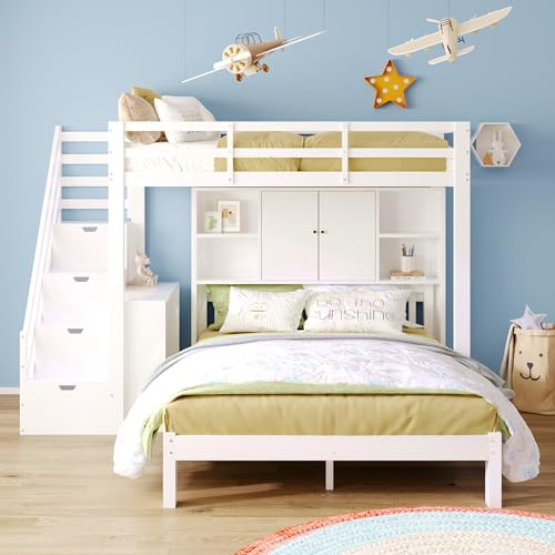 Letto a castello con scaffalatura, 90 x 200 cm + 140 x 200 cm, multifunzionale per bambini, con scala di stoccaggio e tavolino mobile, grande spazio di archiviazione, senza materasso, legno massiccio