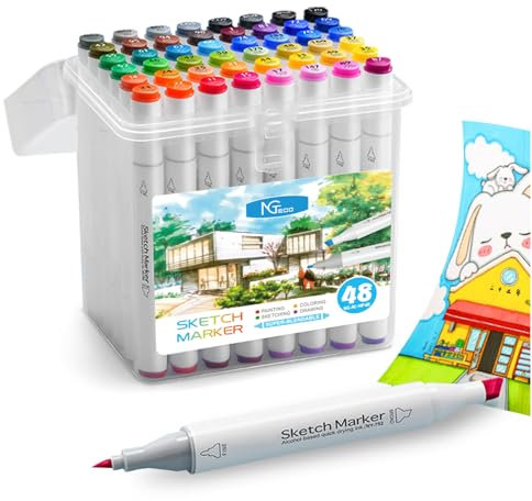 NGTeco 48 Farben Dual Tip Marker Set, Stifte mit Pinsel,und Meißelspitze für Künstler, Studenten, Zeichnen, Skizzieren, Kalligraphie und Illustrationen, Lebendige Farben, Schnelltrocknend, Ungiftig