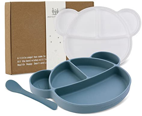 Miracle Baby Assiette Silicone avec Ventouse pour Bébé Assiette Antiderapante avec Couvercle et Cuillère Assiette Enfant Fille Garçon Set avec Boîte Cadeau, Sans BPA et Lave-vaisselle (Bleu)