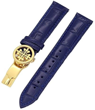 EAMOM Echtleder-Uhrenarmband 19 mm, 20 mm, 22 mm, Uhrenarmbänder für Patek Philippe Wath-Bänder mit Faltschließe aus Edelstahl für Herren und Damen(Blue Golden clasp,19mm)