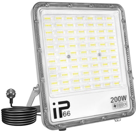 SKYWORLD 200W Projecteur led extérieur avec prise, 20000LM Spot LED Extérieur IP66 Etanche Eclairage de Sécurité pour Jardin Patio Garage Entrée Terrasse