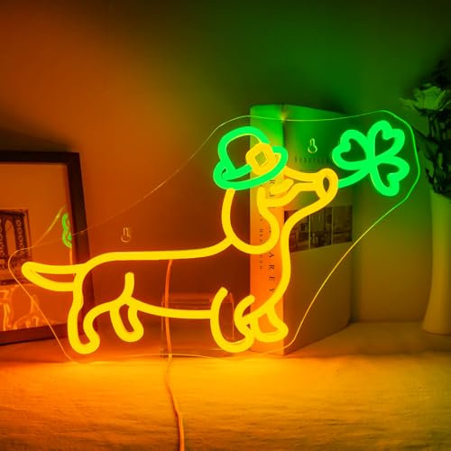 ineonlife Dackel Neon Schild Hund Neon Lichter für Wanddekoration Niedlich Welpe mit Cowboy Hut und Klee Led Leuchtschilder für Tierhandlung Schlafzimmer Party Zubehör Geschenk für Hundeliebhaber