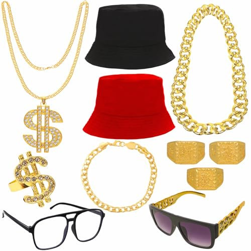 baotongle 11 Stück Hip Hop Kostüm Zubehör Set 80er 90er Jahre Outfit Herren Hip Hop Kostüm 2 Bucket Hat, Goldkette, Sonnenbrille, Goldring, Armband Für Karneval Fasching Mottoparty