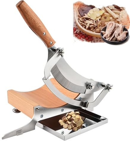 VoOqo Manual Chinese Medicine Slicer, Stainless Steel Manual Meat Slicer with Stainless Steel Tray, 0-0.5” Adjustable Thickness, for Chinese Herbs, Biltong, Beef Jerky, Hard Fruits and Vegetables