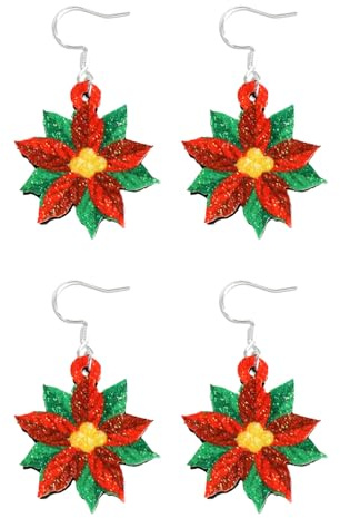 AOVNA 2pcs Christmas Poinsettia Earrings Merry Christmas Glitter Poinsettia Dangle Earrings Xmas Gifts Earrings
