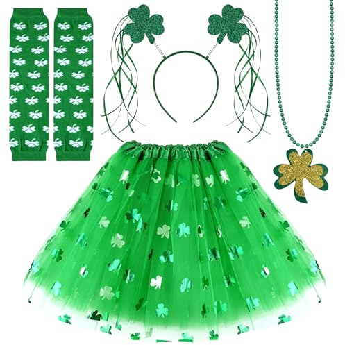 4 Stück St.Patrick's Day Parade Kostümzubehör Set, St Patricks Day Kostüm für Mädchen, Grüner Irish Kleeblatt Rock und Shamrock Stirnband Halskette, für St.Patrick's Day Dekoration Party Supplies