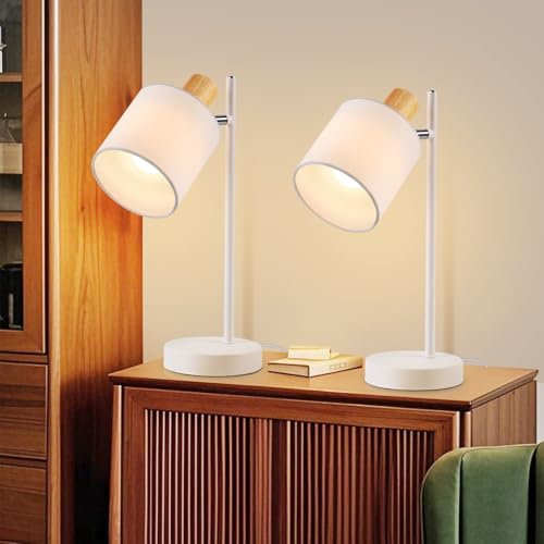 CBJKTX Tischlampe Holz Nachttischlampe Vintage - 2er Set E14 Tischleuchte Stoff Weiß Nachttischleuchte mit Kabel Drehbar Retro Rustikal Schreibtischlampe für Schlafzimmer Nachttisch(ohne Leuchtmittel)