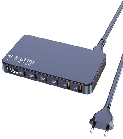 175W USB-C Ladegerät, Ultradünne 6 Ports GaN Ladestation, PPS PD 100W Laptop Schnellladeadapter, LCD Display, Kompatibel mit MacBook Pro/Air, iPhone 15/14/13, Pixel, Galaxy, und mehr