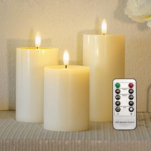 Homemory Wachskerzen ohne Flamme, Batteriebetriebene Kerzen mit Fernbedienung und Timer, Realistische LED Stumpenkerzen, Elektrische Fake Kerzen, Elfenbeinfarben, 3er-Set