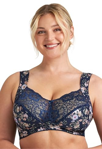 Miss Mary of Sweden Fauna Non-Wired Bra for Women — Full Coverage Wire-Free Bra with Lace & Mesh, Padded Straps for Comfort and Real Support, Plus Size Blue