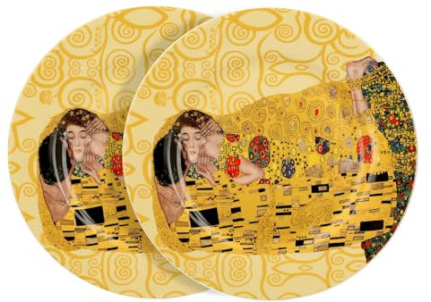 DUO ART GALLERY Lot de 2 assiettes à dessert The Kiss ECRU inspiré par Gustav Klimt New Bone China Porcelaine
