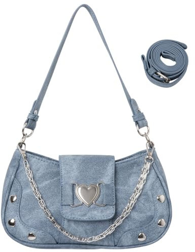 Adigau Damen Schultertasche Retro Umhängetasche Y2K Handtasche Lässige crossbody bag Elegante Kleine Tasche Unterarmtasche mit Metallkette für Alltag Party Einkaufe Blau