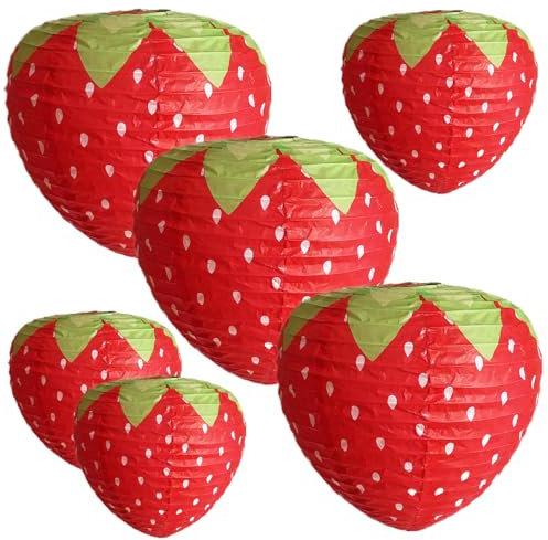 Erdbeerlaternen 6pcs 8 ＆ 12 Zoll Erdbeerlampe Hanging Paper Laternen Faltbare Partydekorationen für Geburtstagsfeier rot