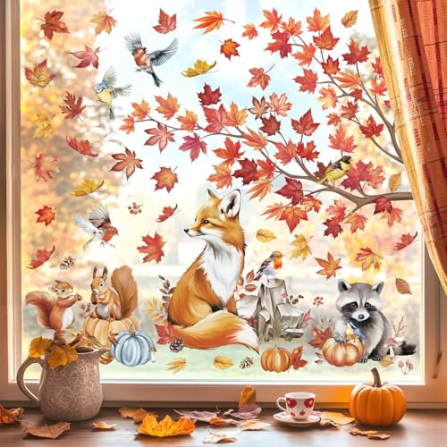 wondever Fenstersticker Herbst Waldtiere Fenster Aufkleber Ahornblätter Baum Zweig Fuchs Eichhörnchen Fensterbilder Fensteraufkleber Anti-Kollision Doppelseitig Glasaufkleber Glas Deko