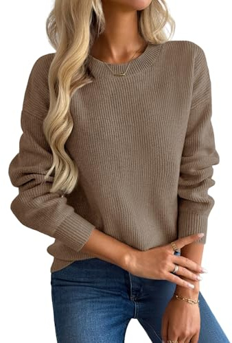 Zeagoo Fall Sweaters for Women UK Long Sleeve Winter Sweater Round Neck Solid Pullover Knit Sweater Top Casual Dressy Khaki
