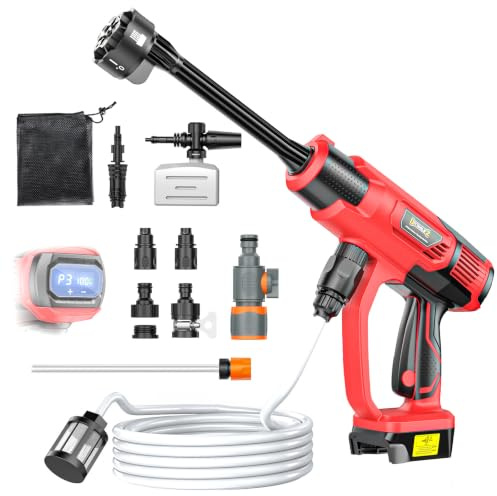 DIYtoolifz Idropulitrice senza fili compatibile con batteria Milwaukee da 18 V, 800 psi, ultraleggera, 1 kg, con motore brushless, tubo da 5 m e ugello 6 in 1 + cannone in schiuma per auto, patio