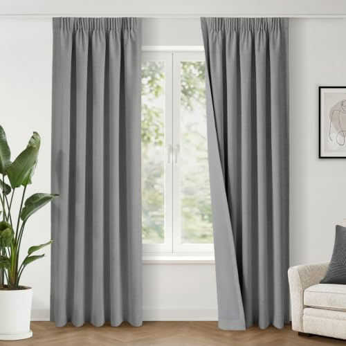 INOVADAY 100% Verdunklungsvorhänge Kräuselband 2 Stück 245x140cm,Grau | Gardinen mit Kräuselband Wohnzimmer für Schienensystem, Vorhang Blickdicht Leinenoptik, Thermovorhang Schlafzimmer, OEKO