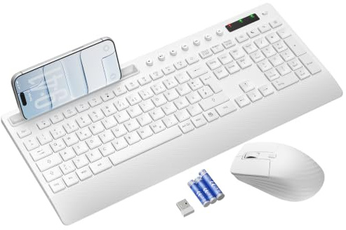 SABLUTE Tastatur Maus Set Kabellos, Handballenauflage und Telefonhalter | Weiß, Voller Größe mit Multimedia Tasten, 2.4GHz Kabelloses Set für Windows, Chrome OS, PC, Laptop (Batterien) -QWERTZ KM31