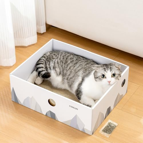 Conlun Katzen Kratzbrett, Kratzpappe mit Box, 1 Stück, Extra Groß, Weiß | Box sammelt Kratzreste | Katzenmöbel & Kratzbett Für Wohnungskatzen | Möbelschutz | Beidseitige Kratzpappe | Katzenminze