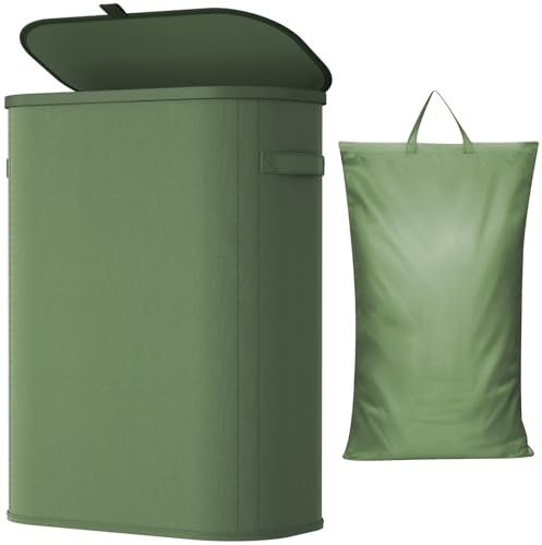 Lifewit 55L schmaler Wäschekorb mit Deckel, faltbarer Wäschesammler, Grün | Schlanke faltbare Wäschebox mit herausnehmbarem Wäschesack und Tragegriffen für kleine Bäder, Schlafzimmer und Waschküche