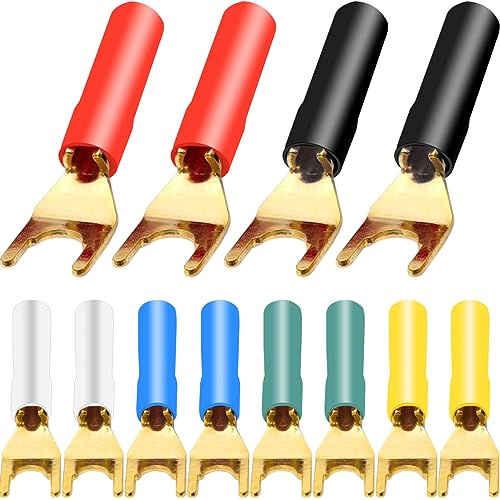 HAAMNING7 Spade Fork Terminal Copper Connector for Speaker Wire Cable, Crimp Y Plug Adapter Barrier Spades Wire Electrical Connector for Amplifier, 6 Colors, 12 Pcs