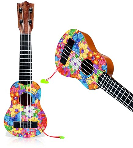CXINLky DIY Diamond Art Painting Ukulele, Kreatives Diamant Art Ukulele mit Plektron für Anfänger-08-Blumen