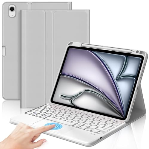 Coque Clavier pour iPad Air 11 Pouces M4 2026/M3 2025/M2 2024/Air 6/ Air 7 | Pavé tactile, Étui Keyboard Touchpad Détachable Bluetooth sans Fil, AZERTY Français avec Porte Crayon, Gris clair