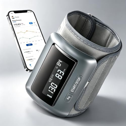 Blutdruckmessgerät Oberarm mit App & Integrierter Manschette (28–50 cm) – Großbildanzeige, Bluetooth, Arrhythmie-Erkennung – inkl. Reiseetui