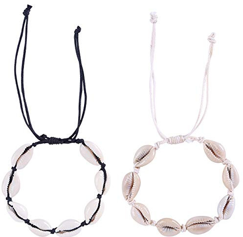 Made by Nami 2x Muschel-Fußkettchen Set Damen & Mädchen - Handmade Surfer-Fußbänder mit echten Kauri Muscheln - Wasserfest & Verstellbar - Boho Muschel-Schmuck - Sommer Strand-Schmuck (Weiß/Schwarz)