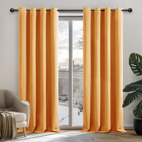 Deconovo Verdunkelungsvorhang Ösen Gardinen Schlafzimmer Vorhang Blickdicht, 200x140 cm(HöhexBreite), Orange, 2er Set