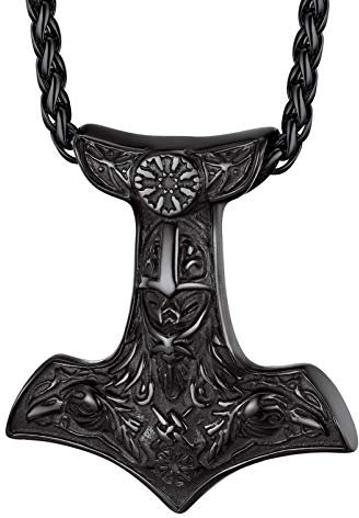 PROSTEEL Collier Mjölnir Homme Noir Odin Chaîne Pendentif Marteau de Thor Casque Odin Corbeau Nordique Bijou Amulette
