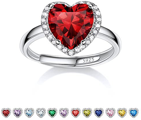 Bestyle Mondstein Ring Silber 925 Damen Verstellbare Ringe mit Geburtsstein Januar Fingerringe Herz-Ehering Granat Schmuck für Mädchen