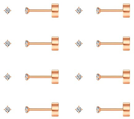 FOSIR Tiny Flat Back Earrings for Women Men 14K Gold Plated Surgical Stainless Steel Stud Earrings Cubic Zirconia Cartilage Earring Hypoallergenic (Rose Gold, 2mm CZ)