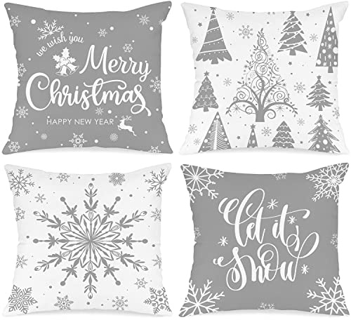 Lanpn 4 Stück Weiß und Grau Kissenbezug Weihnachten Kissenhülle 40x40 cm, Winterliche Schneeflocken Dekorative Weihnachtskissen für Weihnachtsdeko Christmas Bettwäsche Sofa Decorations (Grau)