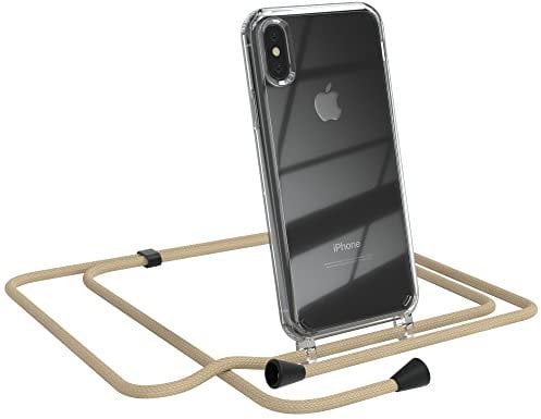 EAZY CASE Handykette kompatibel mit iPhone X/XS Handyhülle mit Umhängeband, Handykordel mit Schutzhülle, Silikonhülle, Hülle, Stylische Kette für Smartphone, Taupe - Clips Schwarz