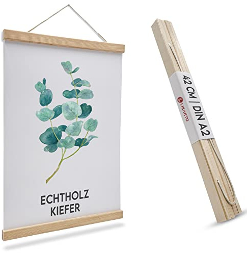 LIKARTO® Posterleiste Holz Kiefer A2, 42 cm, magnetisch, mit Lederband | Echtholz Kiefer, starke Magnete, inkl. Lederband, wiederverwendbar, Alternative zum Bilderrahmen