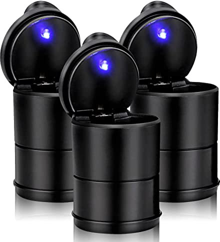Chingde Car Ashtray, Portable Ashtray with Lid Smell Proof, Automatic LED Light, Sealed, Flame Retardant, High Temperature Resistant, Detachable, Large Capacity (3 Pcs)