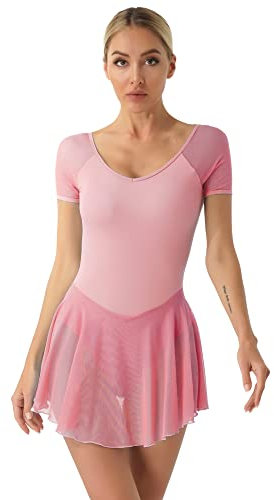 iEFiEL Damen Ballettkleid Kurzarm Ballettanzug Patchwork Ballettkleidung Basic Tanzkleid Rückenfrei Ballett Trikot Wickelrock Rosa XXL