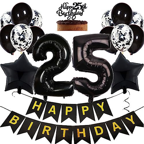 Feelairy Geburtstagsdeko 25 Jahre Frauen, Luftballon 25. Geburtstag Deko Männer, Schwarz Tortendeko Happy 25th Birthday Deko 25 Jahre Frau, Ballon 25. Geburtstag Mann Party Dekoration Set