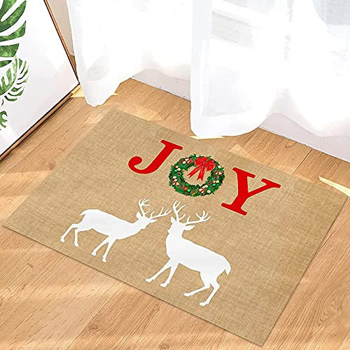 Badvorleger Weihnachtsblumen Und Elk Joy Vintage Leinenstruktur Fußmatte Antibakterielle Teppich Super Absorbierende Fussmatten Für Haustür Geschenk Wohnzimmer 50X80Cm