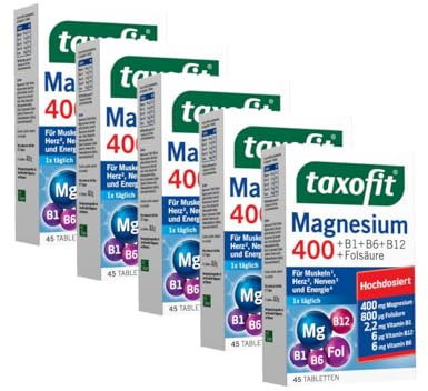 taxofit® Magnesium 400 Tabletten für Muskeln, Herz, Nerven, Energiestoffwechsel & Blutbildung | hochdosiert | vegan | Nahrungsergänzungsmittel mit Magnesium, B-Vitaminen & Folsäure | 5 x 45 Tabletten