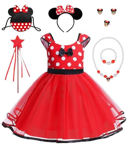 HOUSTAR Vestito Bambina, Costumi Fantasia Feste Principessa a Pois con Collana Fascia Borsa Orecchie, Cosplay Bambini Festa Compleanno Vestito Operato per Spettacolo Carnevale Halloween (120)