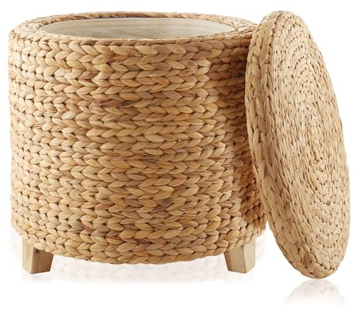 Casafield 17 Round Storage Ottoman with Lid - Natural, Handwoven Water Hyacinth Footstool for Living Room, Bedroom, Bathroom, Home Office