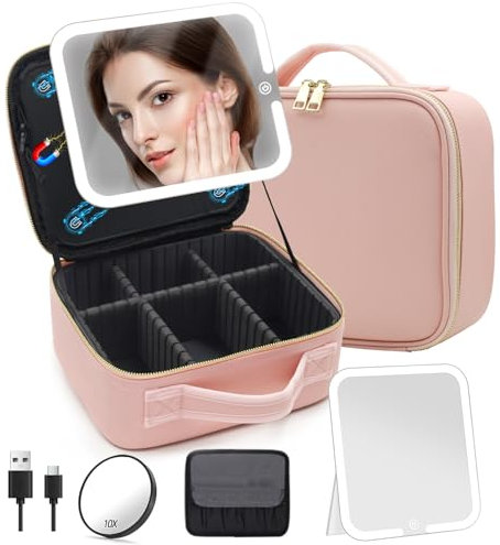 Travel Makeup Bag Cosmetic Organizer Bag with Large Magnetic Removable Lighted Mirror, Makeup Case with Mirror and Lights 3-Color Modes Adjustable Brightness 360° Angle, Makeup Travel Train Case Gift