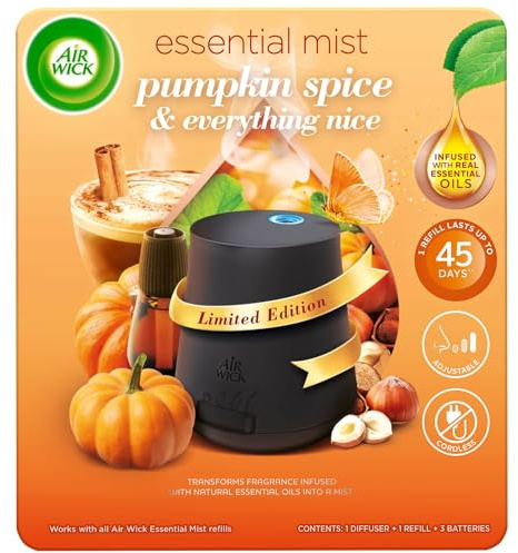 Essential Mist Diffuser - Fragrance - Pumpkin Spice & Everything Nice - 100% Natural Essential Oils - Long Lasting Fragrance Oil - Spray Air Freshener - Adjustable Frequency Settings